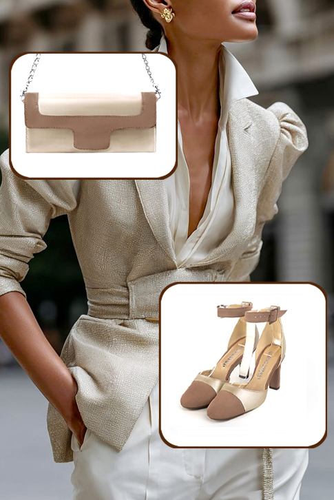 Dress heels closed-back ankle strap in biscuit beige and gold leather with kitten heels and round toe - Worn view